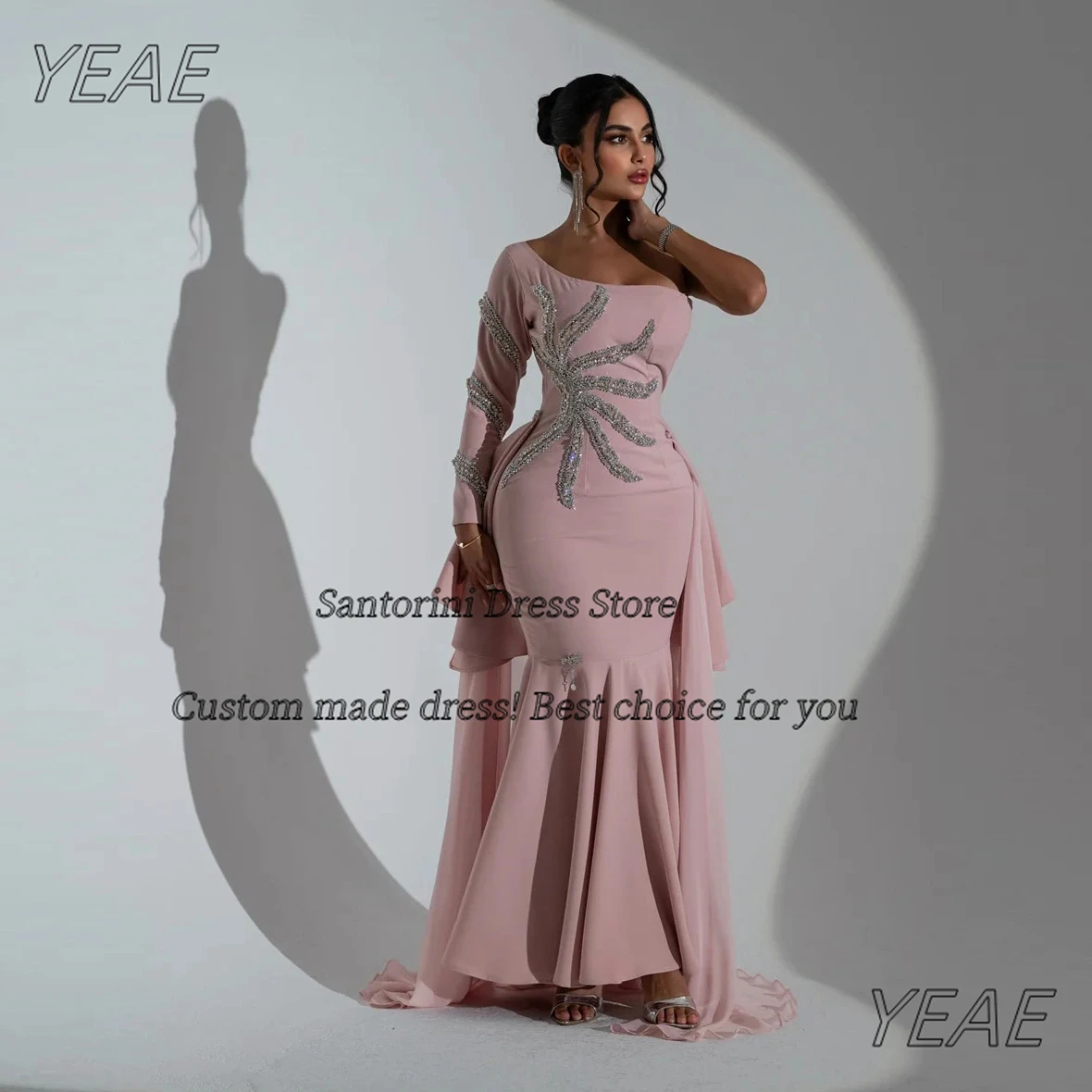 

Santorini Customized One Shoulder Prom Dresses Long Sleeve Beading Luxury Evening Gowns with Overskirts Saudi Arabia Party Dress