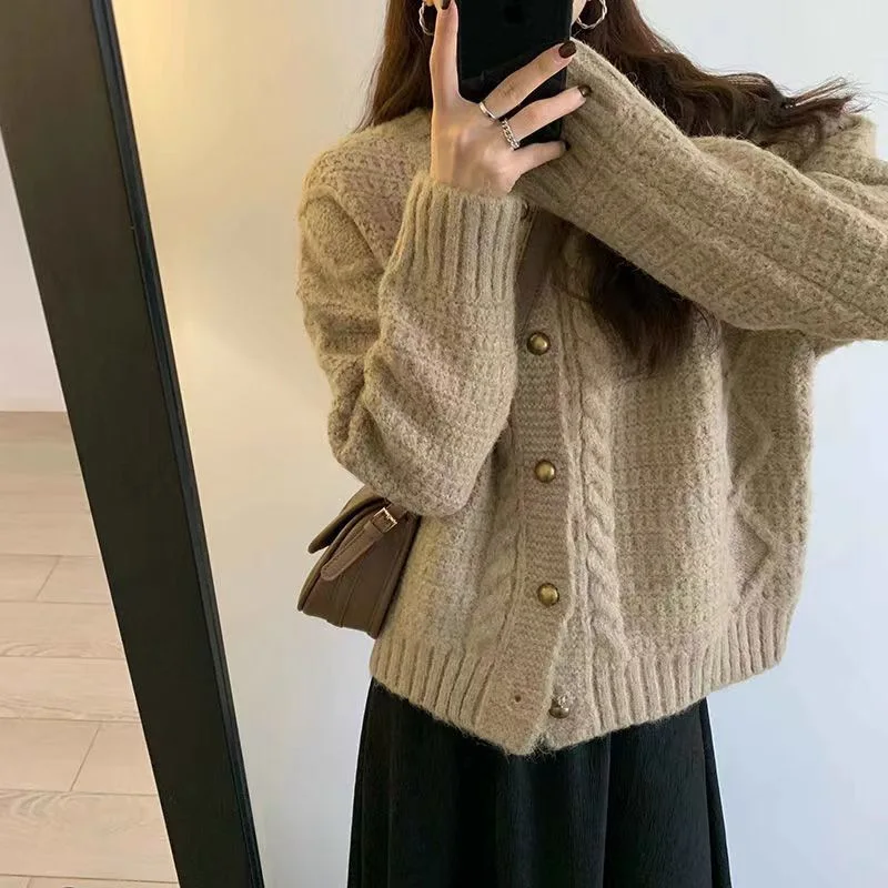 Autumn Winter Women Wool Blend Sweater Polo Collar Tailored Cardigan  Fashion Casual Knitted Loose Soft Jacket Bottom Top LX61