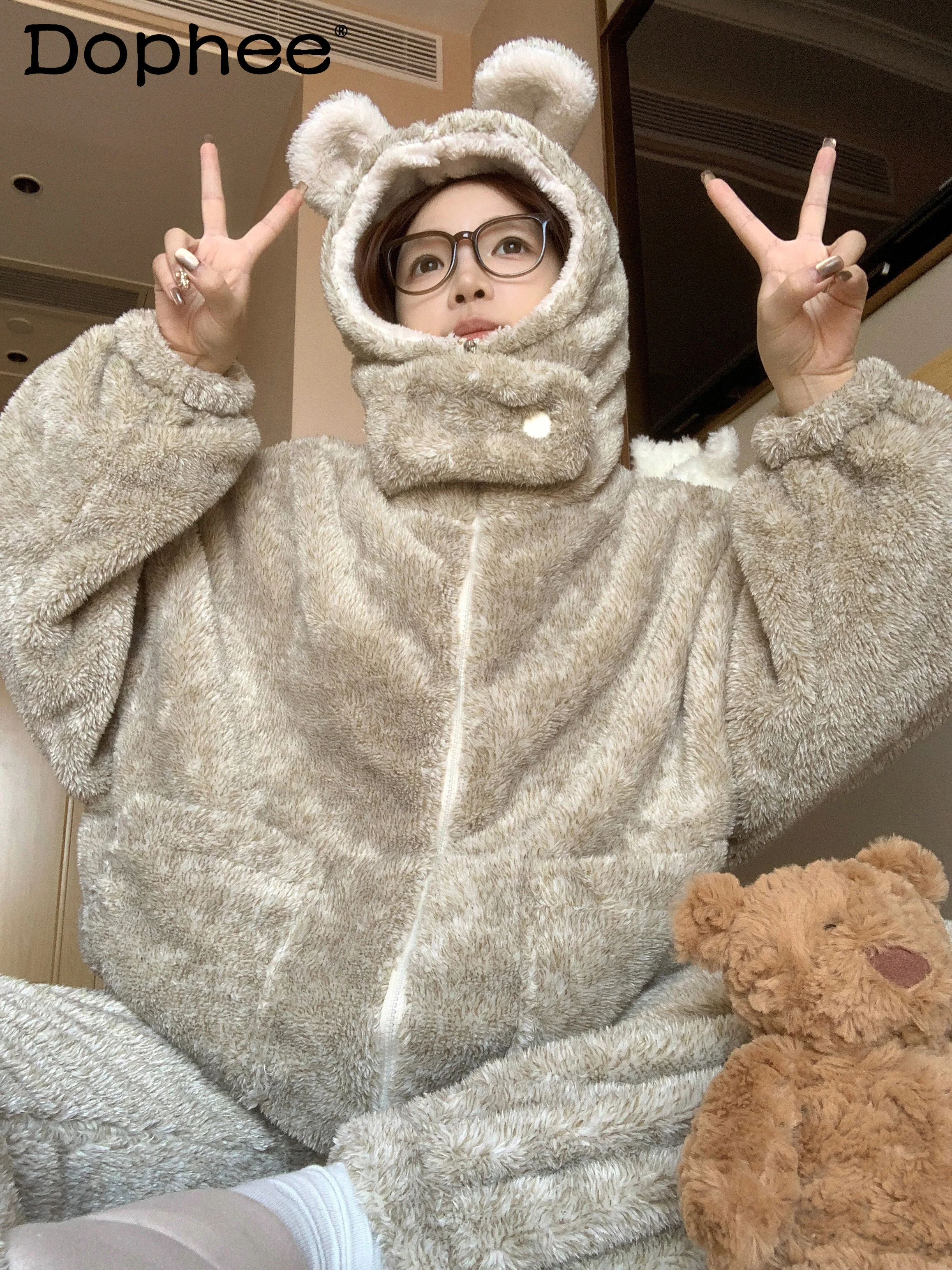 

2025 Autumn Winter New Warm Cartoon Thickened Coral Fleece Pajamas for Women Cute Casual Loose Hooded Homewear Set