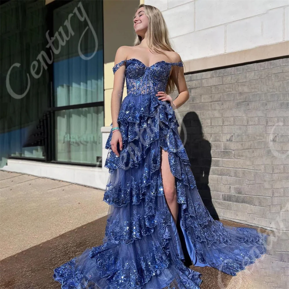 Customized High Slit Sequin Evening Dresses Off-the-Shoulder Formal Party Gowns Tiered Prom Dress For Women Vestidos De Fiesta