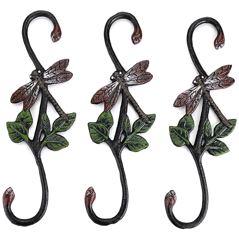 Set Of 3 Heavy Duty Cast Iron S Dragonfly Hooks - 11 Inch Decorative Metal Plant Hooks Hangers S Shaped Bracket