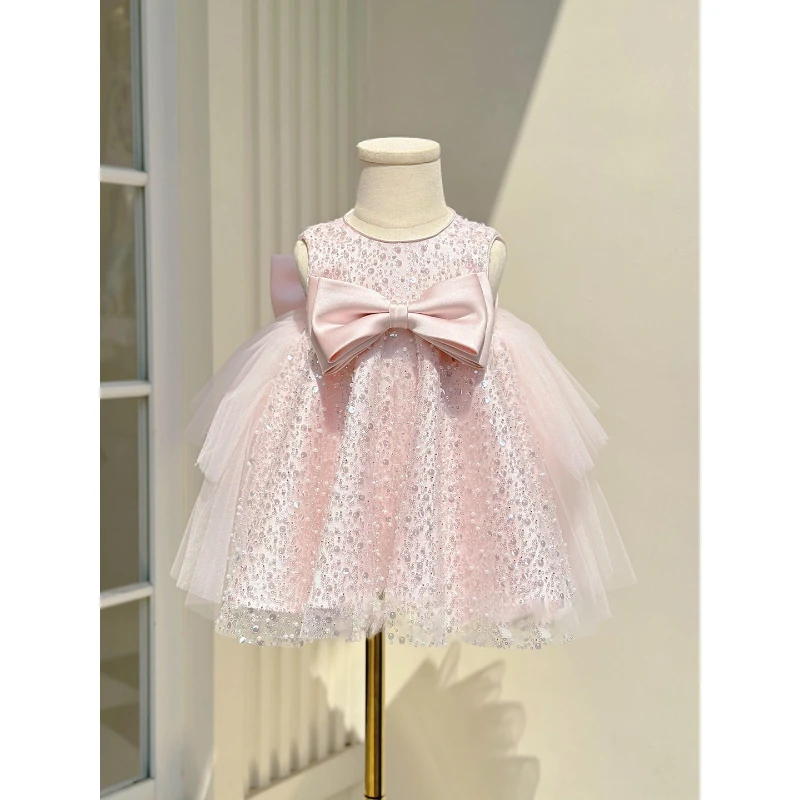 Children Girls Formal Birthday Short Skirt Vestido Fashion Bow Pageant Gown Costume Princess Dress Kids Pink New Sequin Tutu