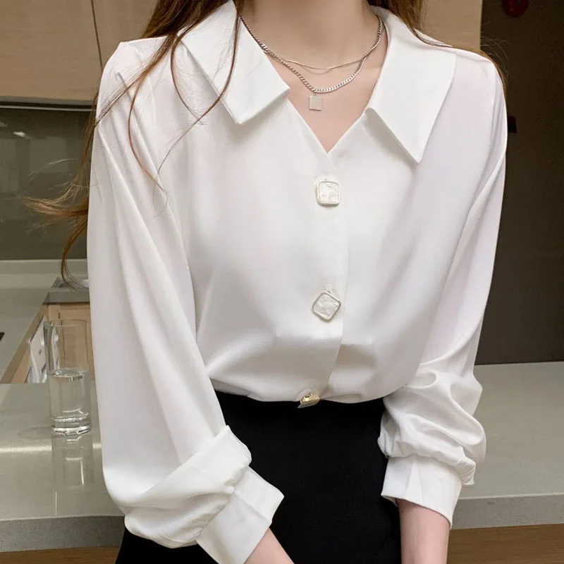 

Blusas Femininas Elegantes 2022 Simple Chiffon Shirts White Long Sleeve Blouse Korean Fashion Clothing Lantern Sleeve Button