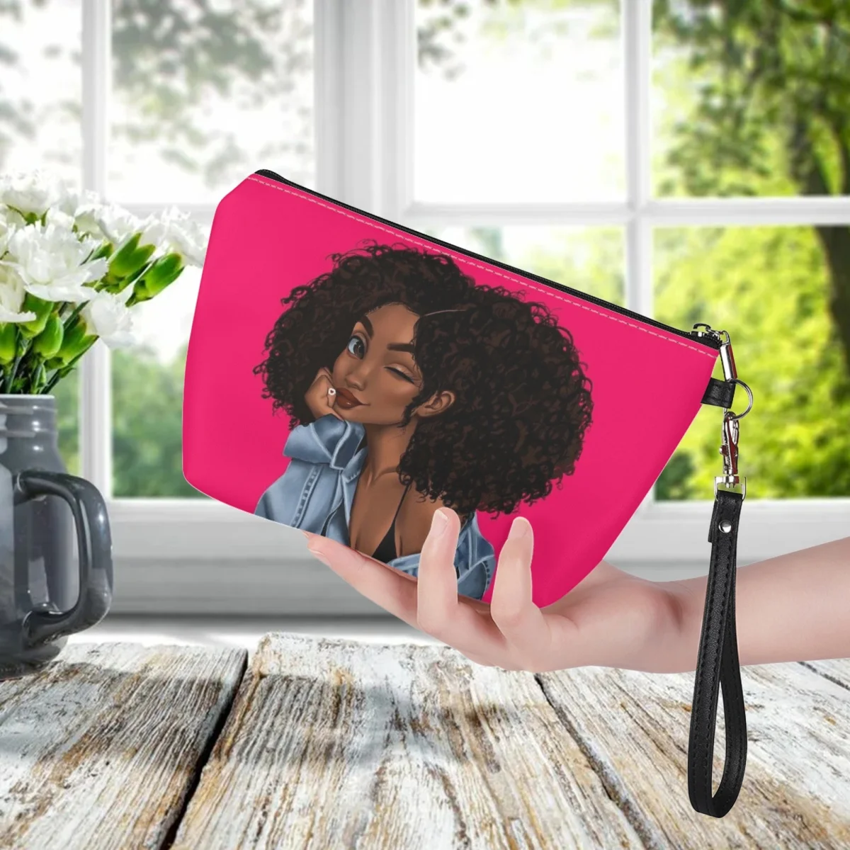 Bolsa cosmética para mulheres, estampa personalizada sob demanda, carteiras de couro para senhoras, moda afro girl, navio da gota