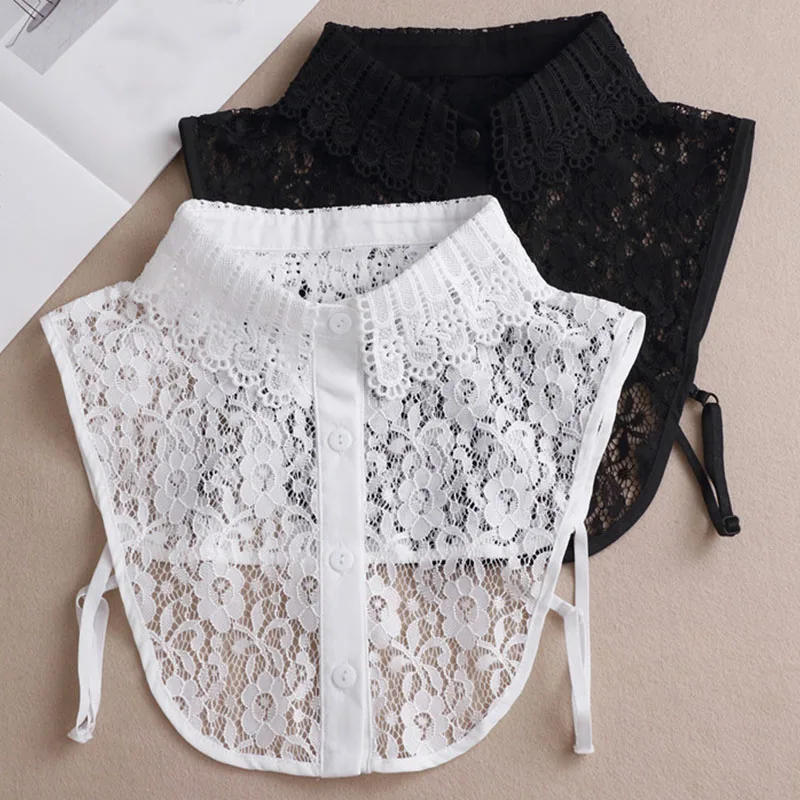 女性の刺繍ブラウス、取り外し可能なフェイクカラー付き、ホワイト/ブラックの花柄/レースハーフシャツ、レディースファッショントップ装飾