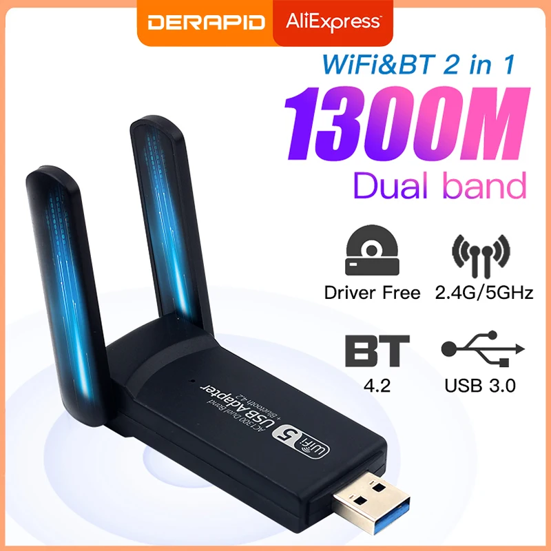 Adaptor WiFi USB 3.0 1300Mbps Bluetooth 4.2 Dual-Band 2.4GHz & 5GHz Wifi Usb untuk PC Desktop Laptop Kartu Jaringan Penerima Nirkabel