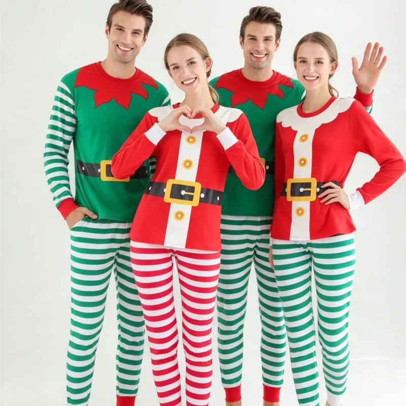Women Men Christmas Striped Cotton Pajamas Sets Santa Claus Cosplay Costume Clothing Sets Matching Pijamas Suits Xmas Women PJS