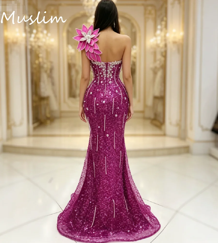 Magenta Fuchsia One Shoulder Prom Dress Mermaid 3D Flower Beaded Sequins Evening Gowns Luxury Arabic Birthday Formal Party Wear