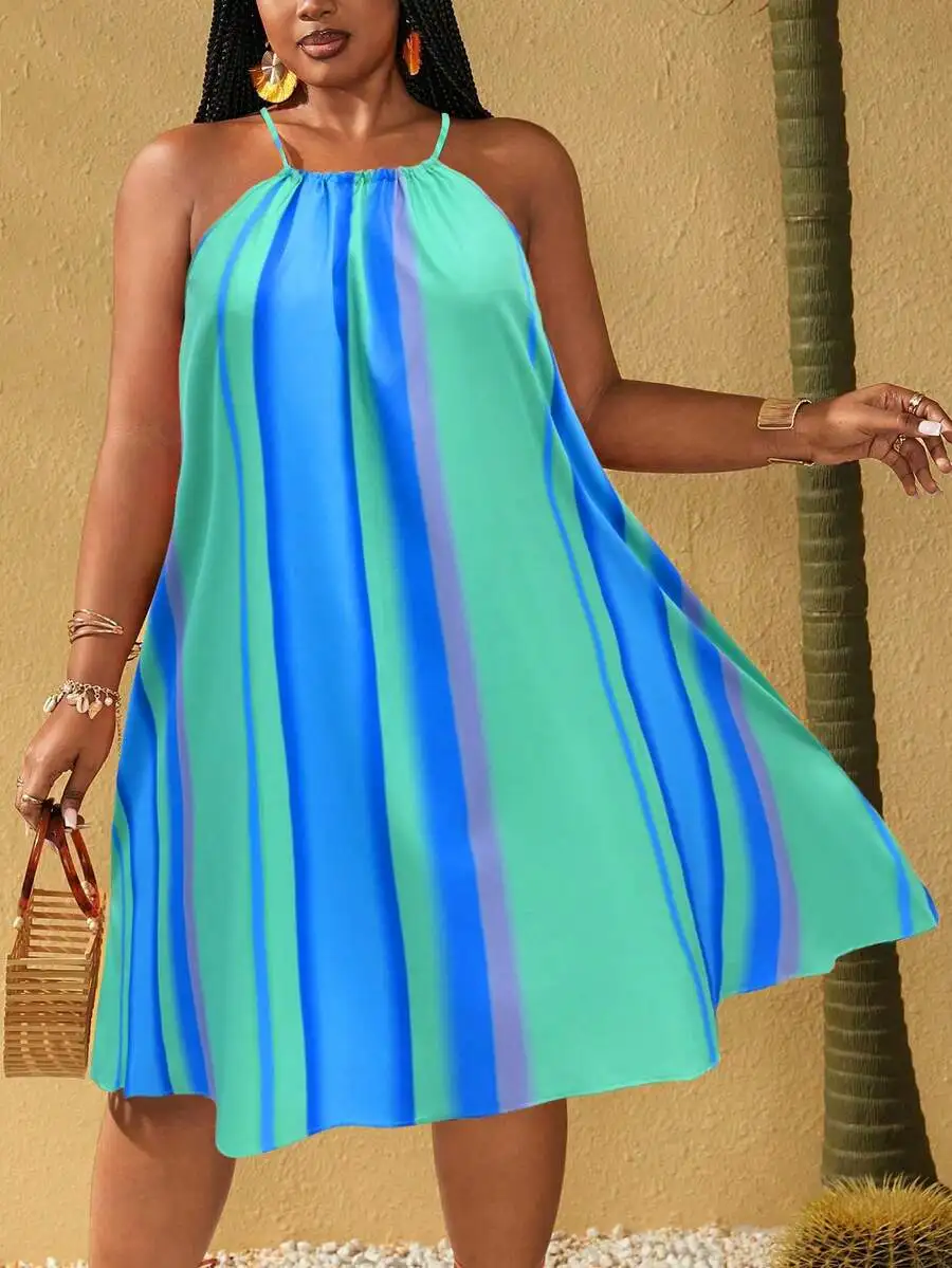 

Plus Size Women Spaghetti Strap Striped High-Low Hem Dress For Vacation Resort Summer