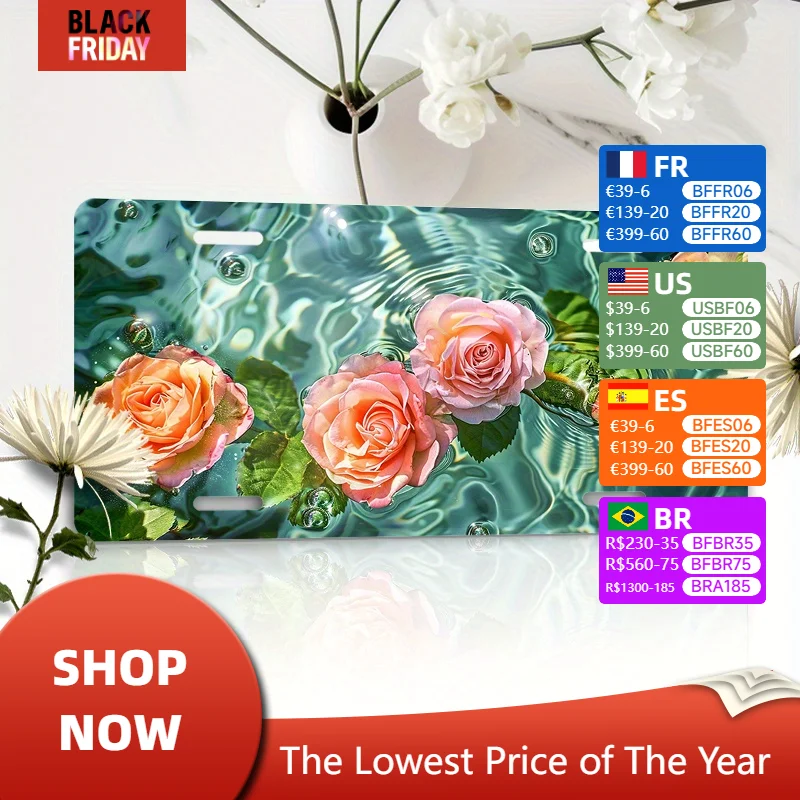 Glamorous Pink with Orange Roses on Water - 6X12 Aluminum License Plates | Durable, Weather-Resistant Front Plates