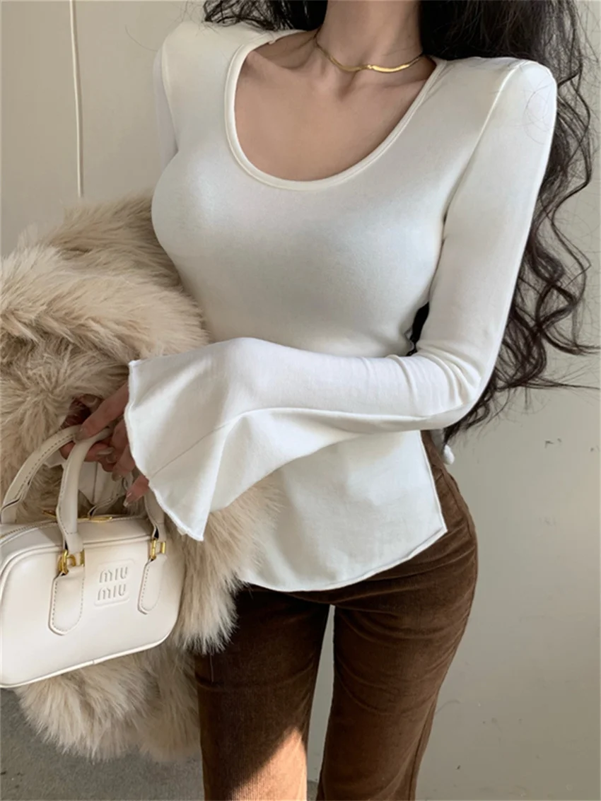 PLAMTEE Spring Flare Sleeve T-Shirts Women Solid Plush 2024 Daily Office Lady Minimalist Shoulders Pads New Chic Slim Tees