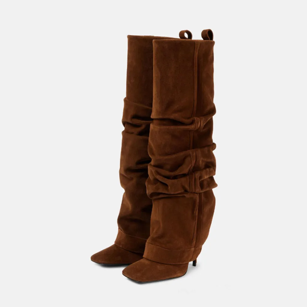 Arden Furtado joelho camurça botas altas, plissadas apontou sobre a borda botas modernas, Toe quadrado slip-on salto stiletto super alto, outono