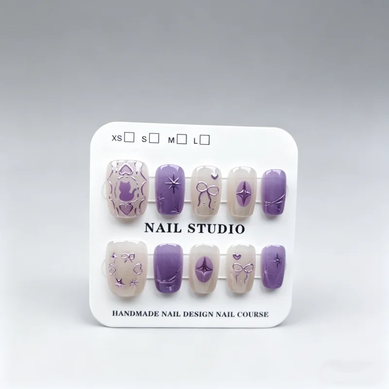 30Pcs Fake Nails Purple Cat-Eye Skin-Brightening Short Style Press-On High-Quality Nails—Perfect As A Gift for Girls and Friends