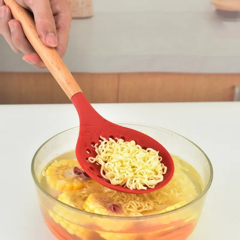 الطبخ مصفاة سيليكون الغذاء غير عصا مقاومة للحرارة مقبض خشبي مصفاة ملعقة مقشدة مصفاة أدوات مطبخ الطبخ #3