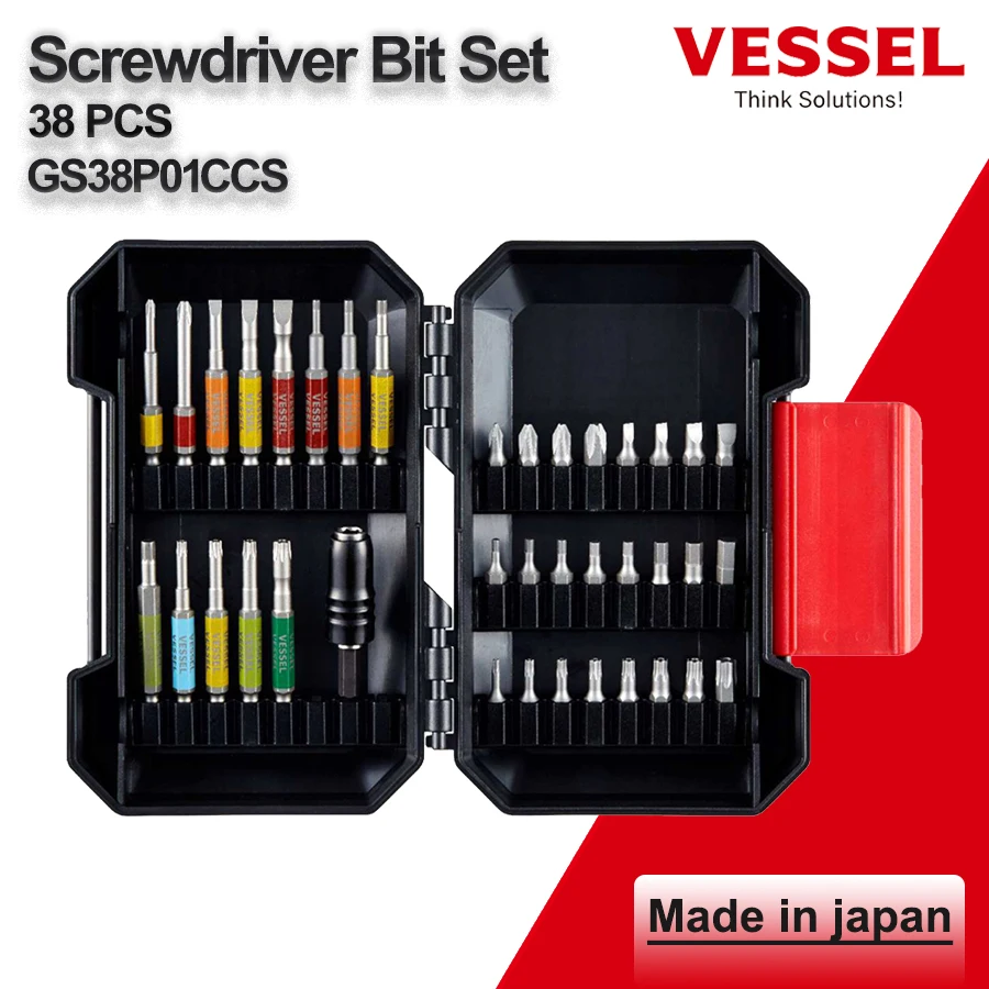 VESSEL 38PCS Screwdriver Bit Set with Tough Case Cordless Drill Driver Bits Sets for PH/SL/TORX/HEX Screws NO.GS38P01CCS