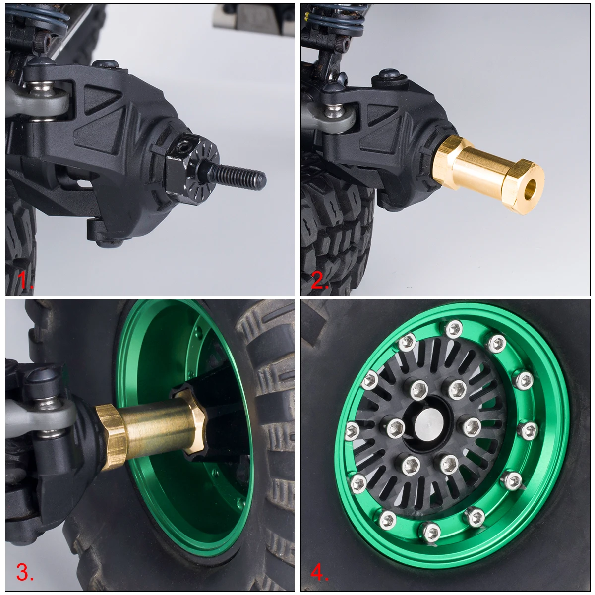 2 cores-4 peças adaptadores hexagonais de roda estendida de latão resistente 12/15/17/20/25mm para 1/10 RC Crawler Axial SCX10 II 90046 D90