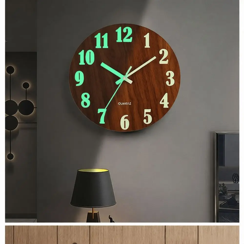 Modern 12 Inch Wall Clock Luminous Silent Wooden Analog Timepiece Large Number Glow In Dark Decorative Indoor Wall Watch