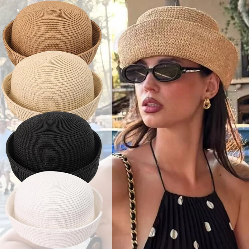 Neue Sommer-Kollektion: Britische Retro-Künstler-Baskenmütze, Pillbox-Hut, Strand-Freizeit-Strohhüte, Damen-Strohkappe mit Rundem Konkavem Oberteil