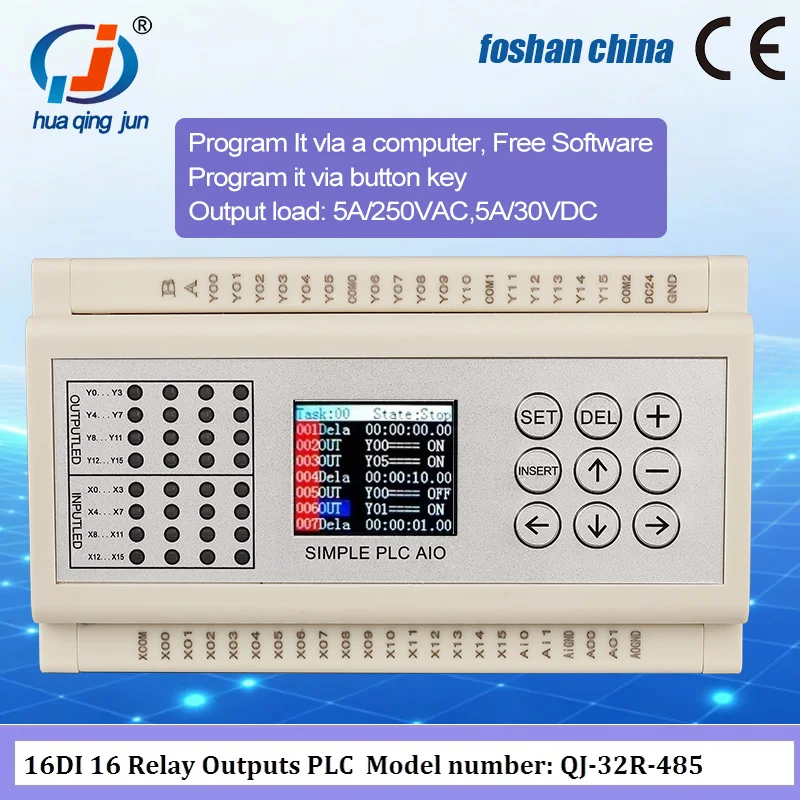 CHINGJUN PLC CE FCC 16IO Relay Outputs PLC RS485 Modbus RTU QJ-32R-485 Free Software Programmable Logic Controller