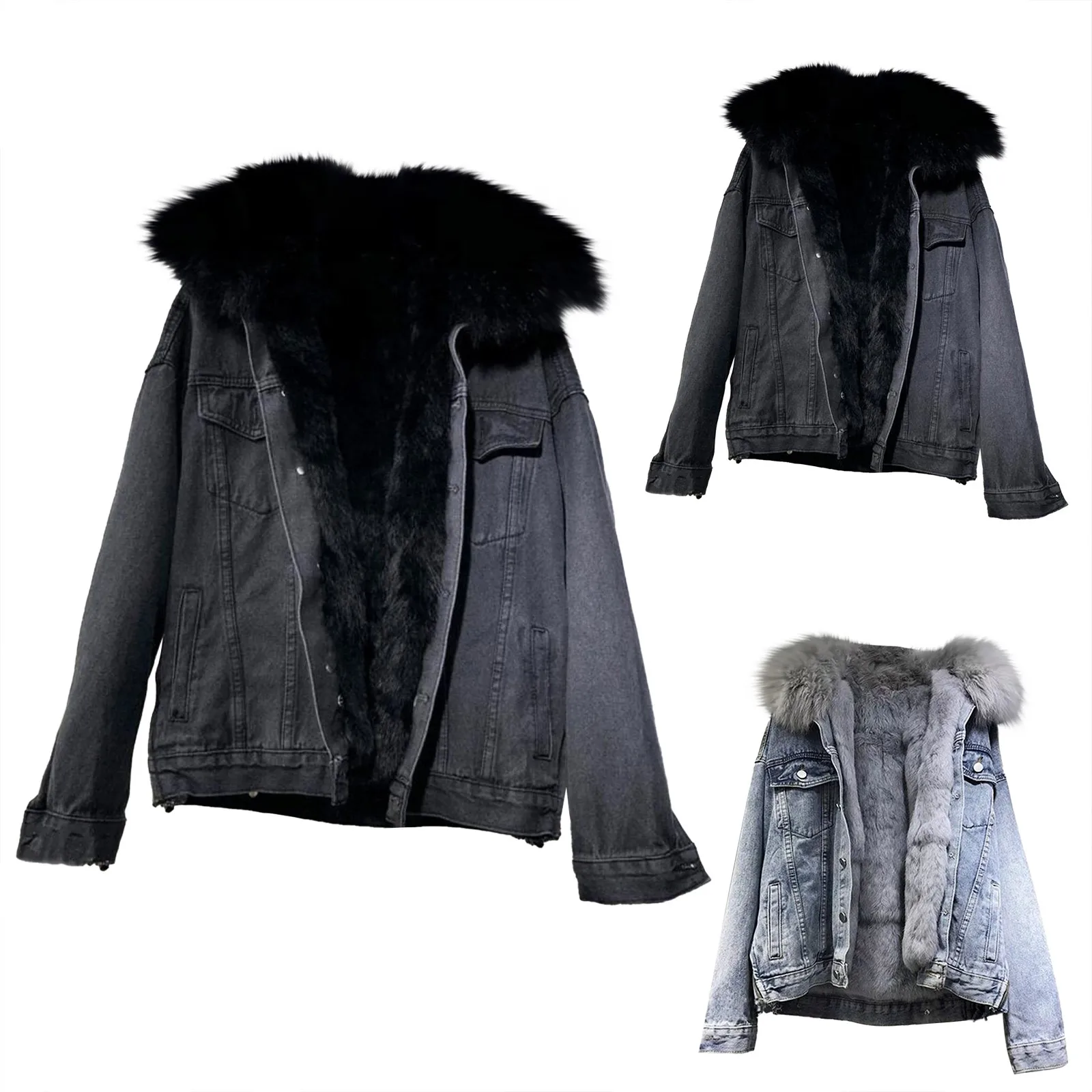 

Women's Winter Denim Fleece Thickened Solid Color Coat Fur Collar Thick Loose Fluffy Coat Detachable Large Fashion Coat