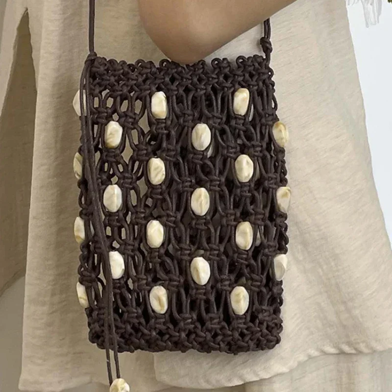 Handgefertigte Hohlperlen-Handytasche aus Steinperlen, Bohemian Crossbody-Tasche für Damen mit gewachstem Seil, Sommer-Strand-Urlaubs-Reisetasche – Detail 16