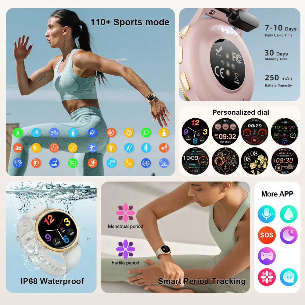 1.75 "Amoled الساعات الذكية النساء بلوتوث دعوة Smartwatch مقاوم للماء مراقبة الصحة متعدد الطلب الفترة الفسيولوجية لتحديد المواقع الرياضة