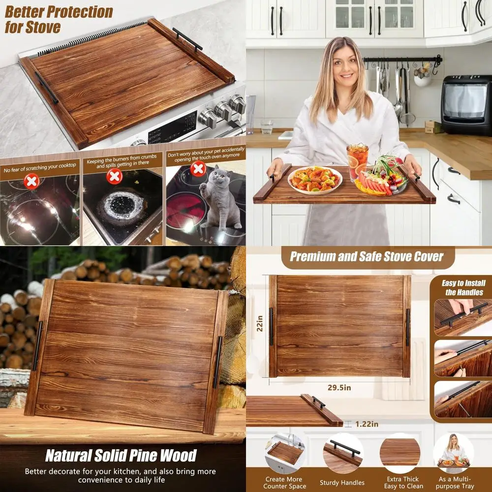 

Thick Pine Wood Stove Top Cover with Handles, Suitable for Wood or Electric Stoves, Multipurpose Use as Sink or Counter Cover (B