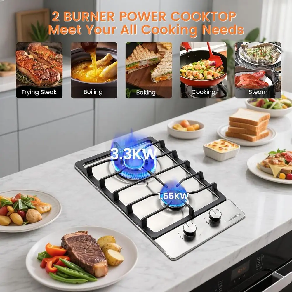 Fogão a Gás Embutido de Aço Inoxidável de 12 Polegadas com Conversão NG/G e Proteção Térmica