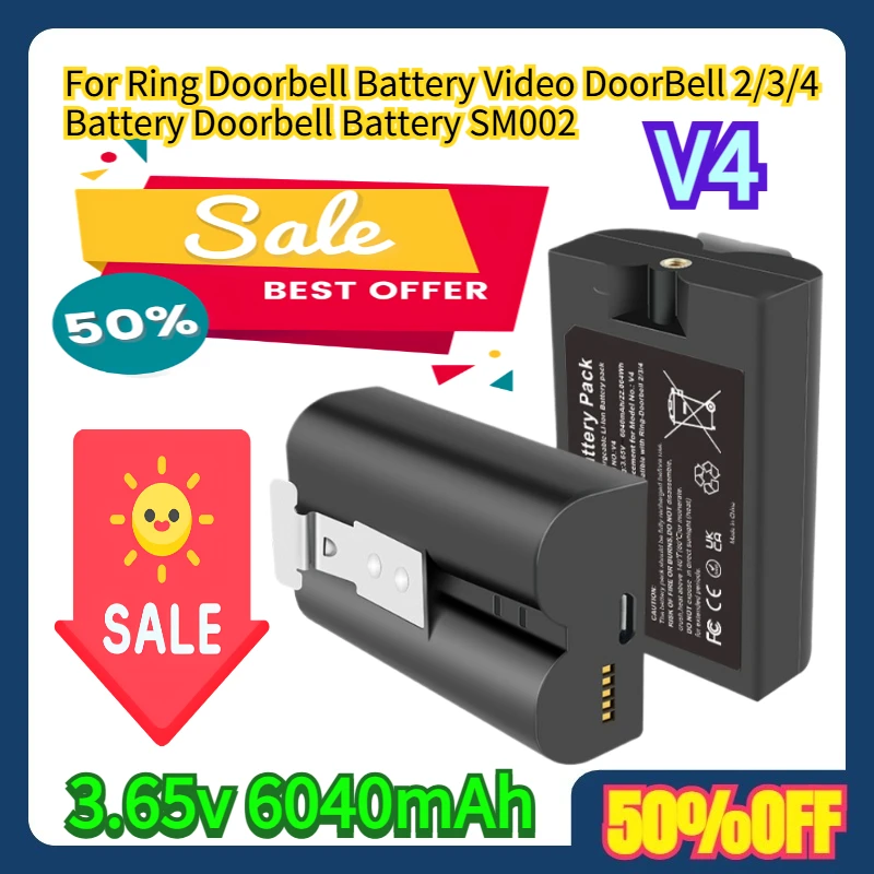 

For Ring Doorbell Battery Video DoorBell 2/3/4 Battery V4 Doorbell Battery SM002 3.65v 6040mAh