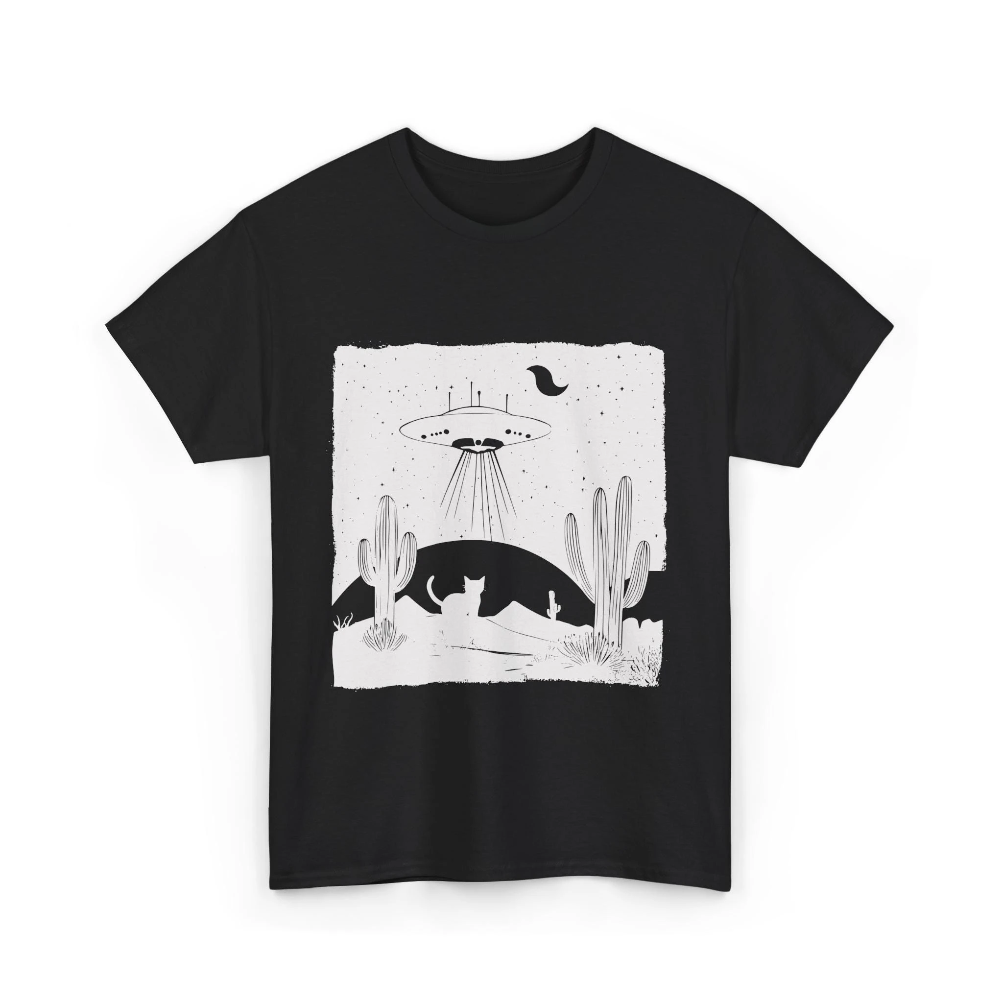 UFO الغريبة القط الصحراء الجرافيك تي شيرت للجنسين القطن المحملة الجمالية الغريبة اختطاف قميص هدية لعشاق الخيال العلمي بوهو الصحراء المحملة