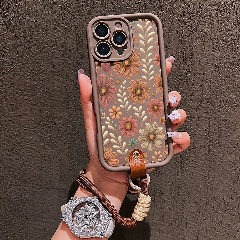 Cute Flowers Print Lanyard Strap Rope Phone Cases For Samsung Galaxy S23 S22 Plus S26 S25 S24 Ultra A55 A36 A16 A56 A26 Cover