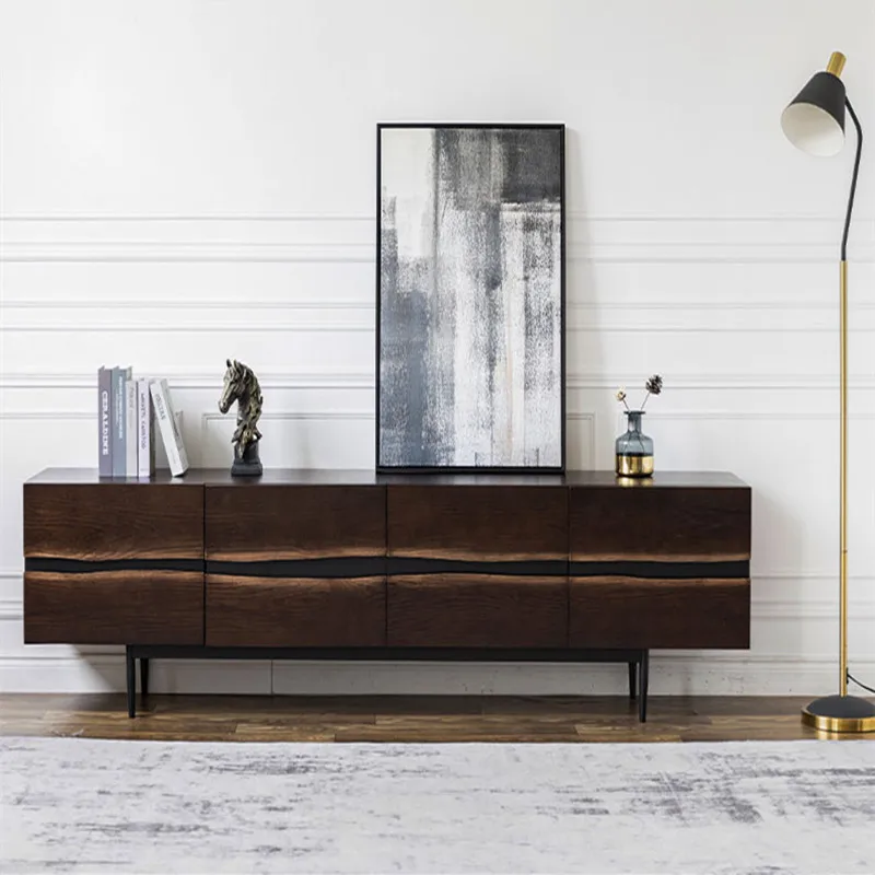 

Nordic retro oak TV cabinet coffee table combination modern light luxury wrought iron small apartment solid wood expression stor