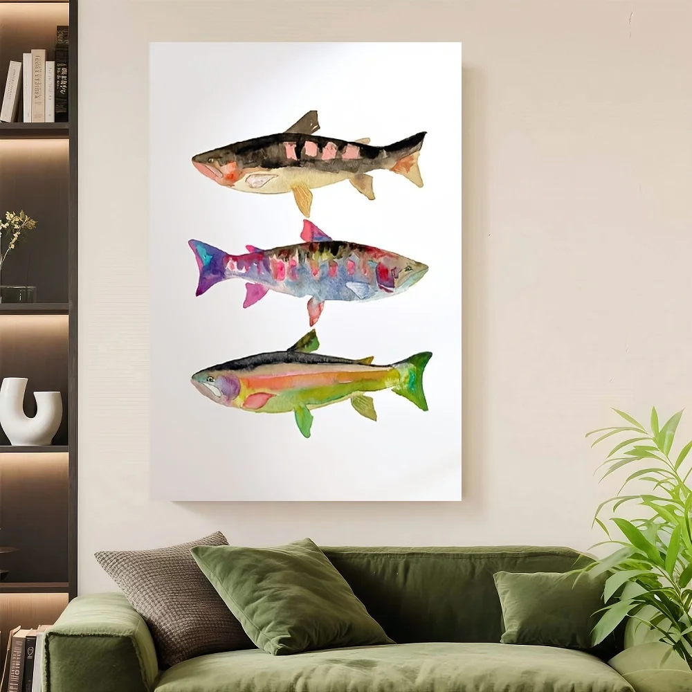 

Framed Flat 1pcs, Flat, Colorful Watercolor Trout Art Print.Fish-shaped Wall Decoration for Children's Room.A Gift for Dad.A Nat