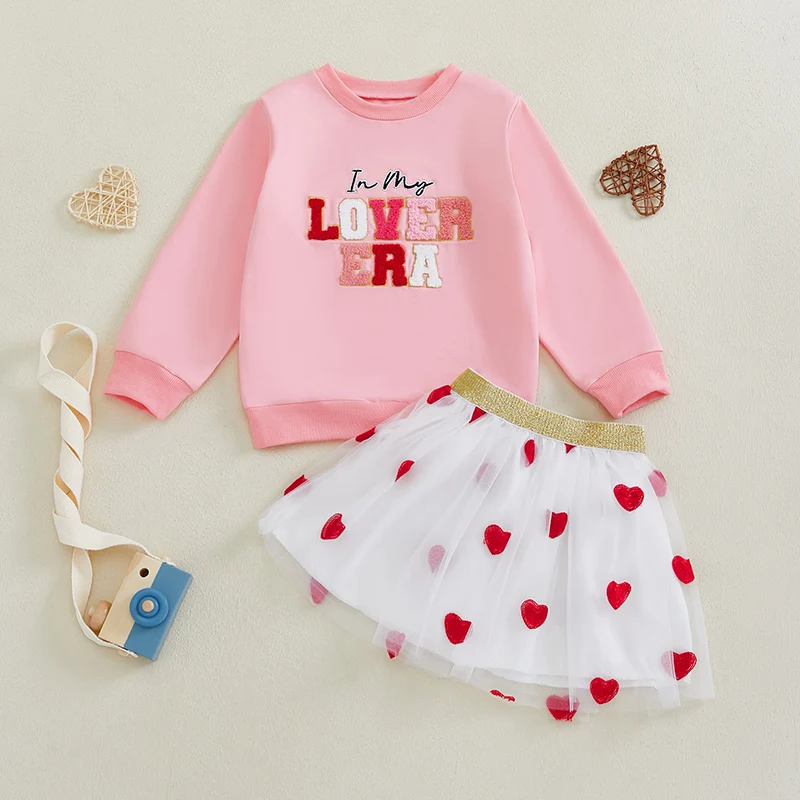 Girls Valentine s Day Sets Long Sleeve Letter Embroidery Tops Heart Print Tulle Skirt Sets