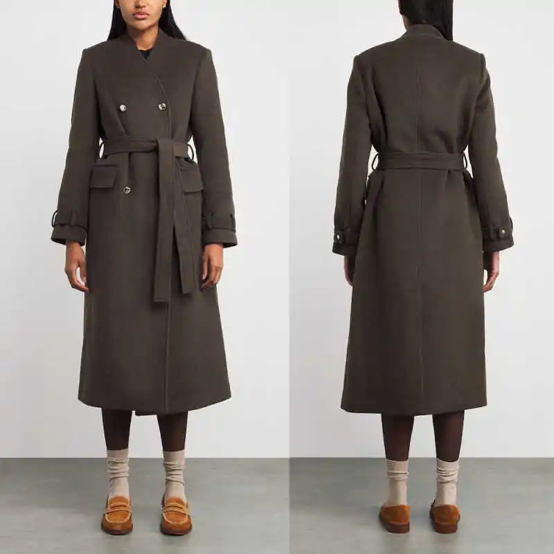 

Fashion Women Wool Overcoat 1 Piece Double Breasted With Belt Coat Autumn Winter Warm Formal Occasion Party Customized