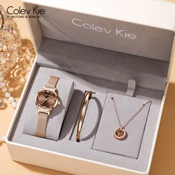 ColevKie Ladies Watches Rose Gold Mesh Band Fashion Round Quartz Wrist Watches For Women Girl Wife Watch Necklace Gift Sets