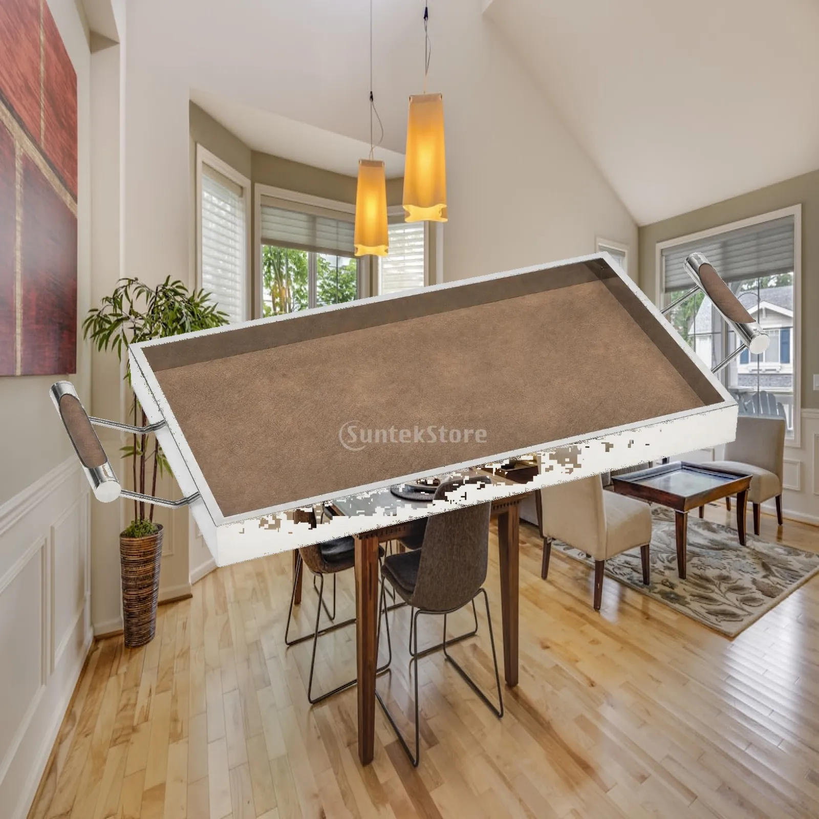 Rectangular Serving Tray with Raised Sides Reflective Leather-Lined Tray with Handles Decorative Rust-Resistant for Entertaining