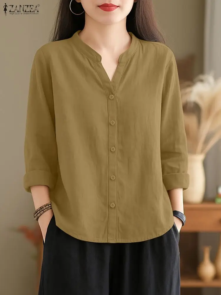 ZANZEA 2025 قميص الخريف موضة المرأة الخامس الرقبة طويلة الأكمام بلايز أنيقة الصلبة OL العمل بلوزة أزرار غير رسمية حتى Blusas تونك فام #2