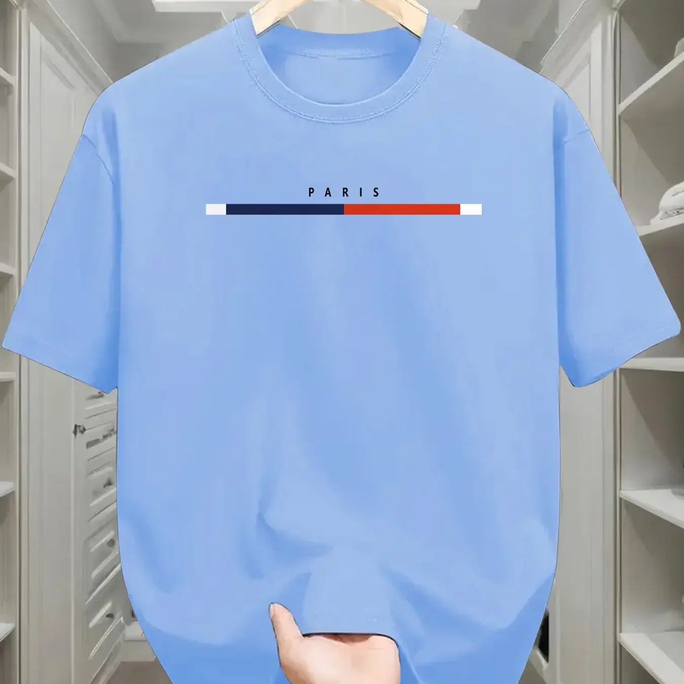 تي شيرت صيفي للرجال بطبعة جرافيك باريس - تي شيرت كاجوال بأكمام قصيرة ورقبة دائرية مع خطوط زرقاء وحمراء