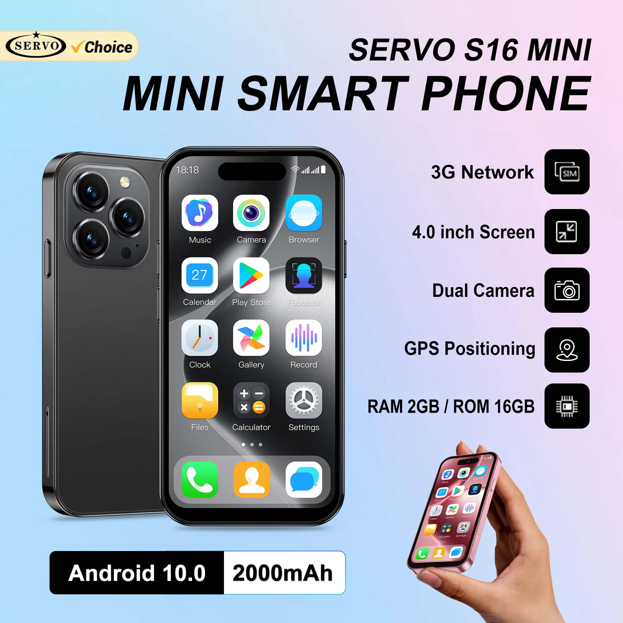 

SERVO S16 Mini Unlocked 4.0" Pocket Phone 3G WCDMA Android 10 2GB+16GB Dual SIM Face Unlock GPS WiFi Play Store Music Smartphone