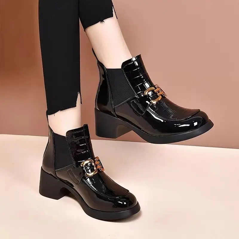 FHANCHU 2023 New Chelsea Ankle Boots,High Heeled Botas,Round Toe Patent Leather Autumn/Winter Shoes,Size 35-40,Black,Dropship