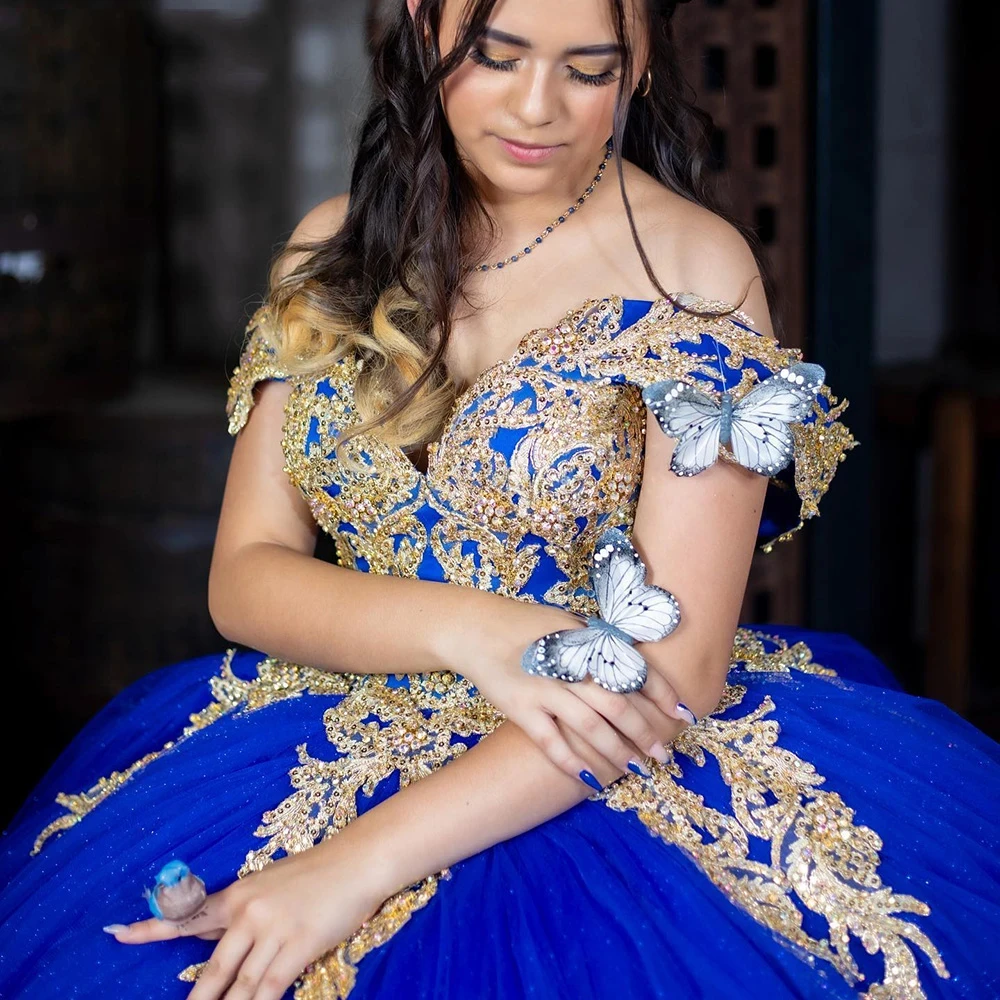 Royal Blue Beading Ball Gown Quinceanera Dresses Gold Appliques Lace Corset Off Shoulder Floor Length Vestidos De 15 Años 2024