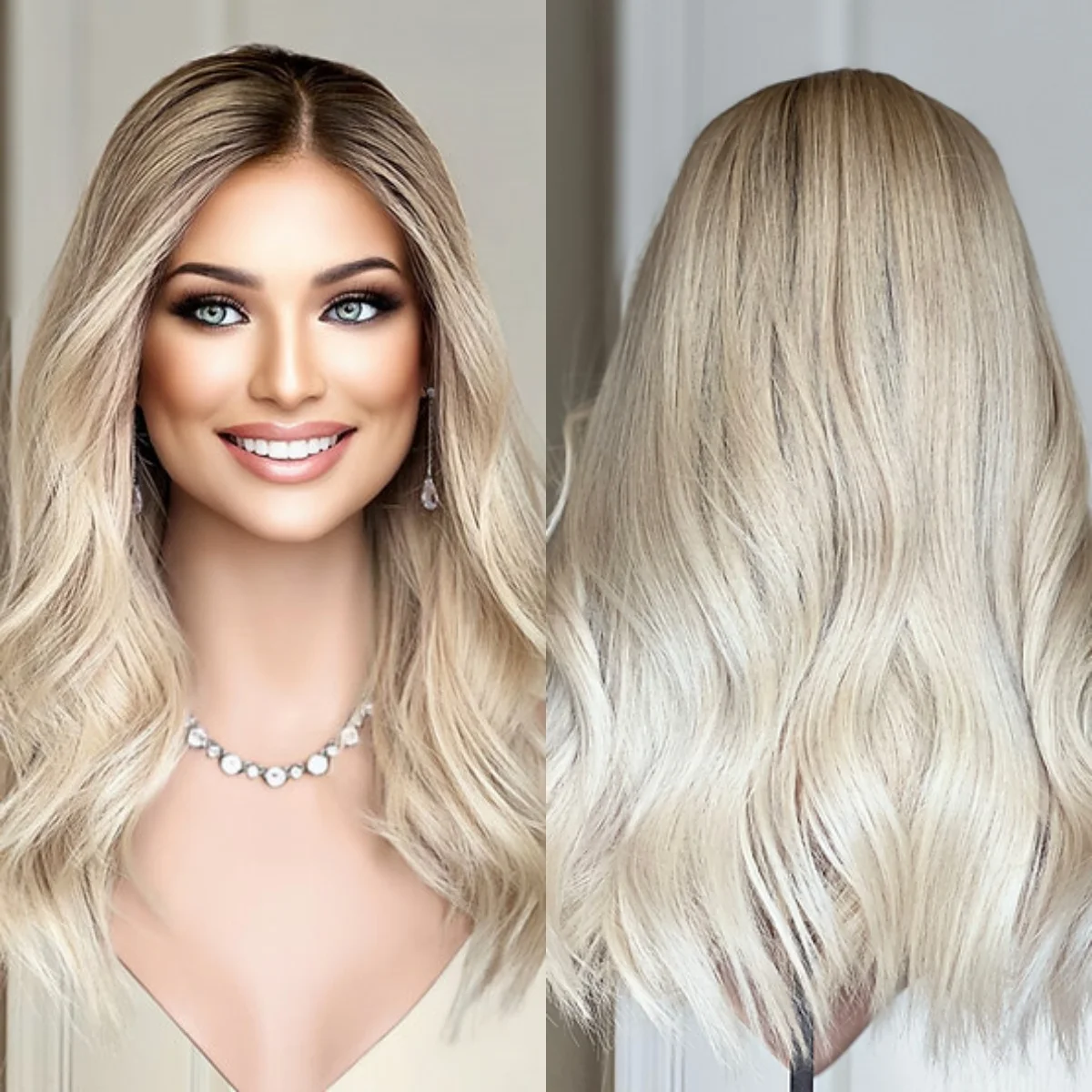 Bouncy 18 Inches Creamy Blonde Shadow Roots Synthetic Lace Frontal Wigs 180% High Density Realistic Look Natural Hairline Wigs