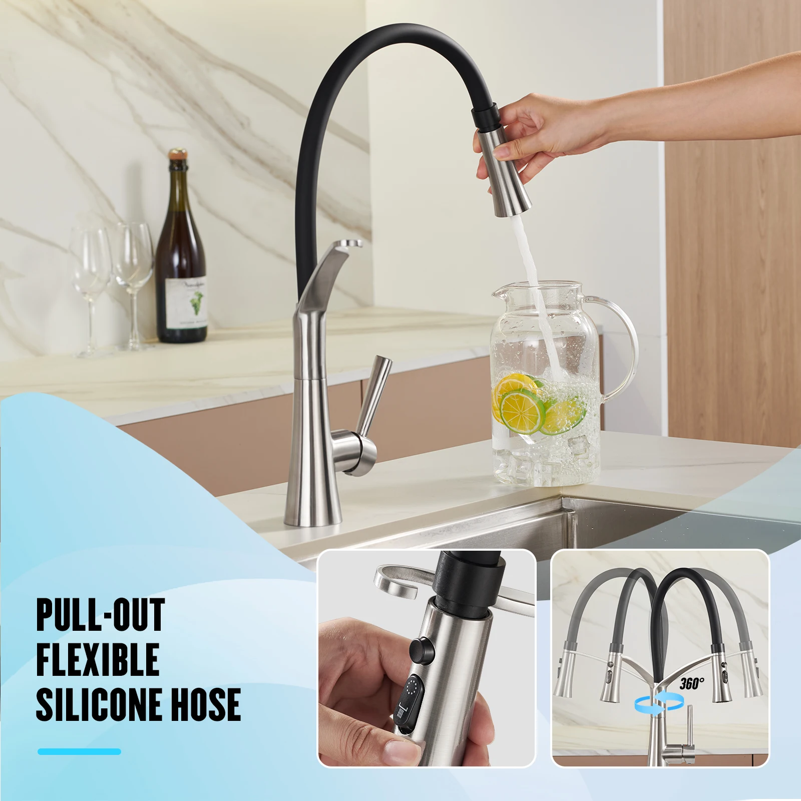 صنبور مطبخ متعدد الوظائف مصقول بالكروم الأسود بمقبض واحد، صنبور مطبخ قابل للسحب للأسفل مع فرشاة