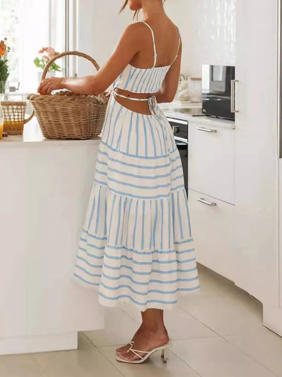 Frauen Sommer langes Kleid gestreifte Seite Taille Ausschnitt ärmellose Spaghetti träger Binde rücken lose A-Linie Kleider für Party Strand