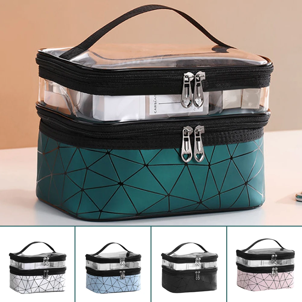 Double-Layer Hand Cosmetic Bag,Large Capacity Toiletry Bag,PU Leather Fashion Hand Makeup Bag,Waterproof Multipurpose Wash Bag