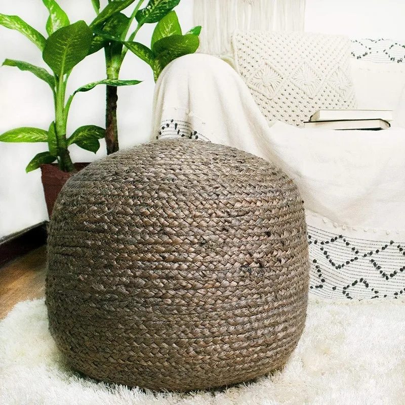 Pouf Cover Grey Jute Braided Home Decor Foot Stool Cover Living Room Ottoman