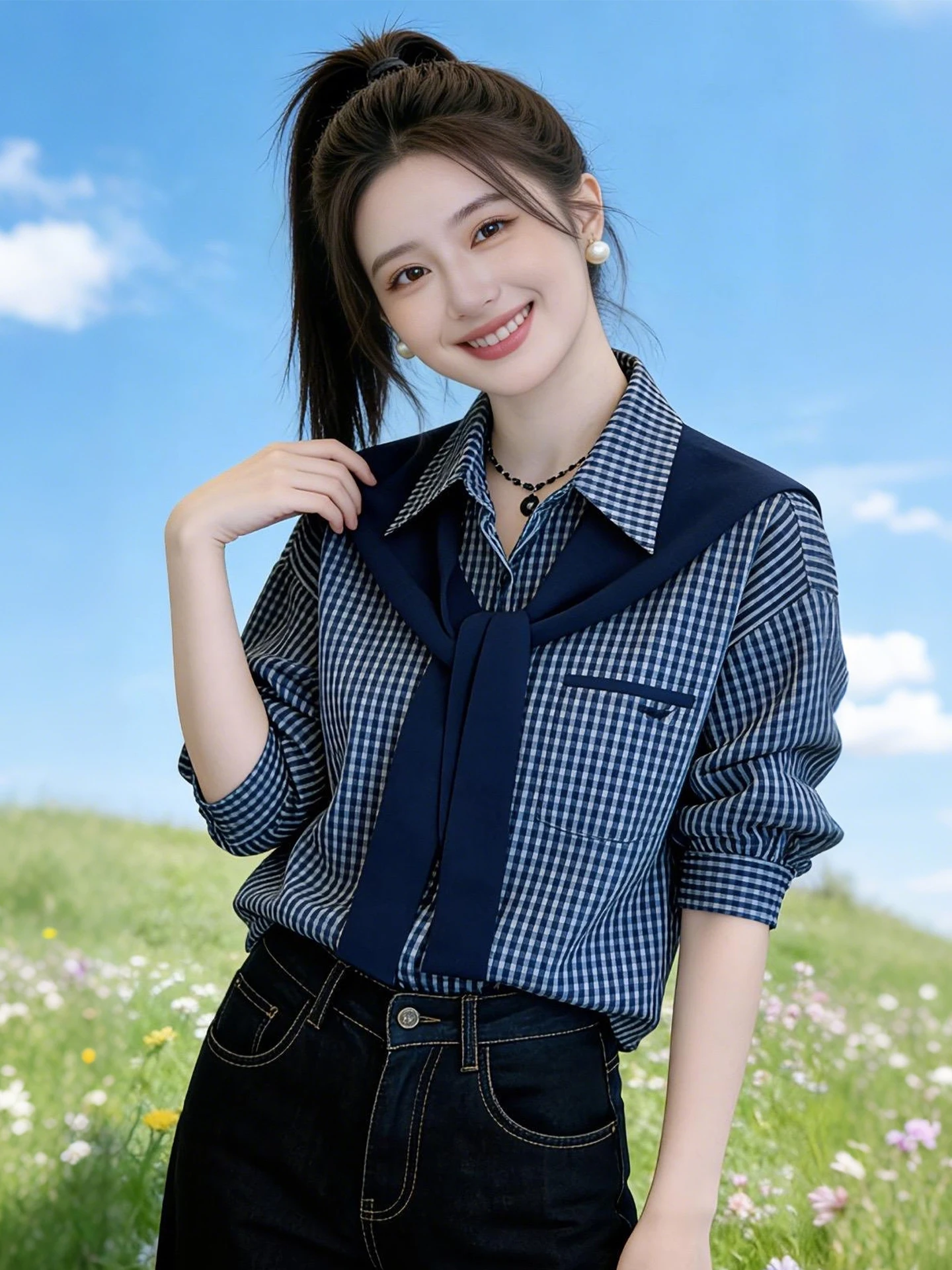 

Стильная клетчатая рубашка с длинным рукавом в корейском стиле, модная, для повседневной носки, молодежная, легкая, роскошная, с накидкой на плечи