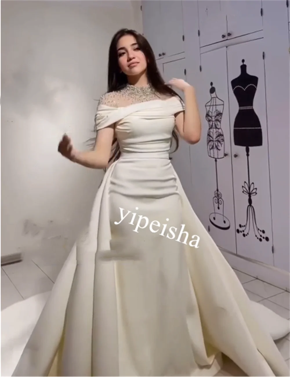 Jiayigong     Jersey Beading Pleat Party A-line O-Neck Bespoke Occasion Gown Long es Saudi Arabia