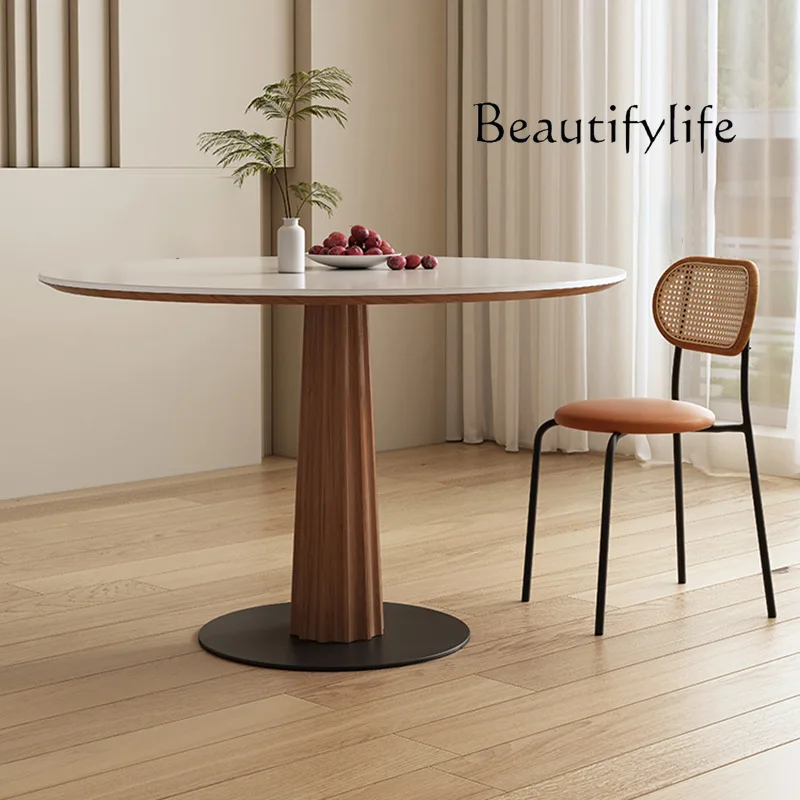 Stone Plate Pure White round Dining Table Household Small Apartment Solid Wood Round Table Simple Retro Conference Table